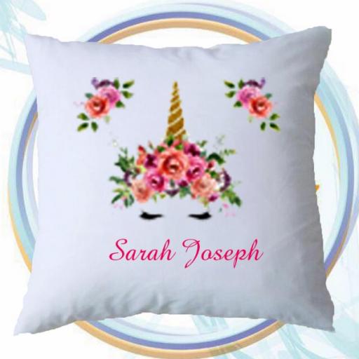 Personalised Cushion Cover with Rose Garden Unicorn Design – Add Name