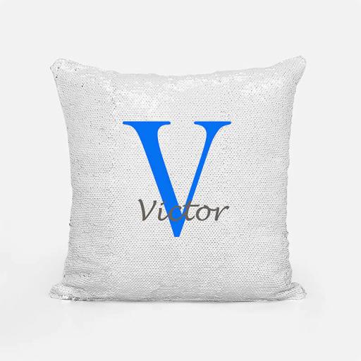 Personalised Sequin Magic Cushion For Him - Initial V and Name