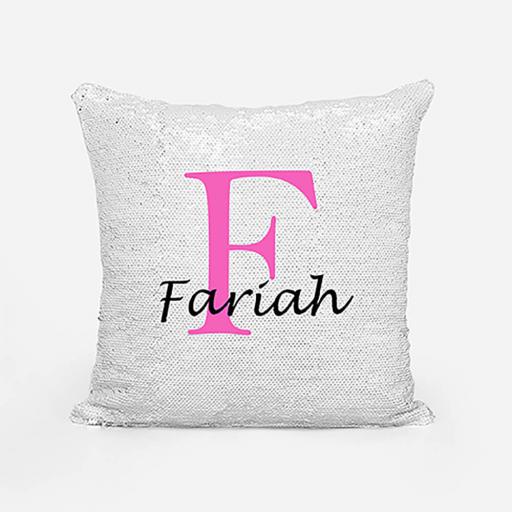 Personalised Sequin Magic Cushion For Her - Initial F and Name