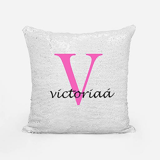 Personalised Sequin Magic Cushion For Her - Initial V and Name