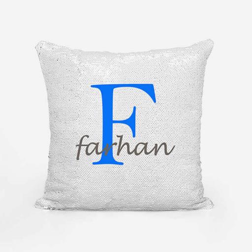Personalised Sequin Magic Cushion For Him - Initial F and Name