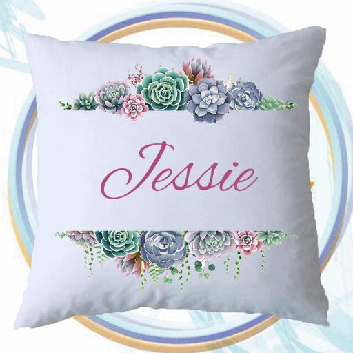 Personalised Cushion Cover with Succulent Garden Garland Design – Add Name
