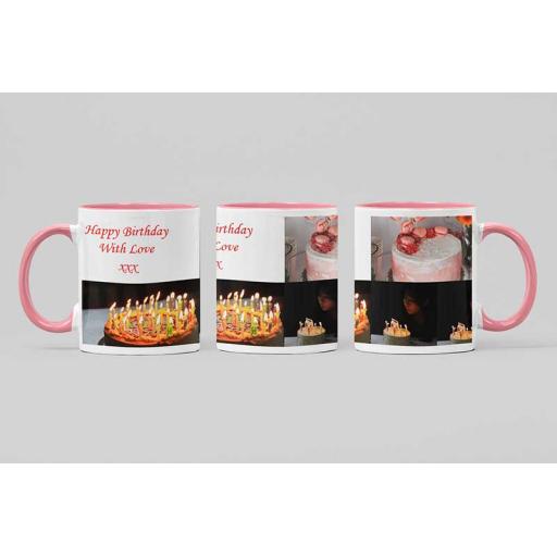 Personalised Pink Coloured Inside Mug with 3 Photo Collage and Text