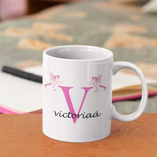 Personalised Unicorn Mug For Her- Initial V & Name