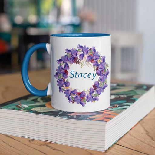 Sky Blue Coloured Inside Name Mug with Purple Floral Design