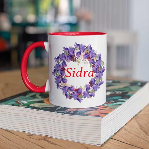 Personalised Red Coloured Inside Name Mug - Floral Wreath