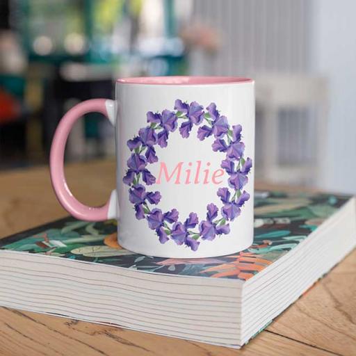 Personalised Pink Coloured Inside Name Mug - Purple Wreath