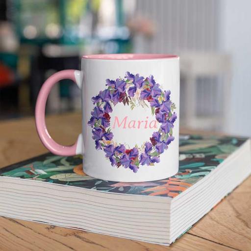 Personalised Pink Coloured Inside Name Mug - Floral Wreath