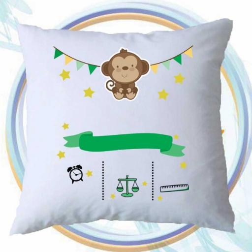 Personalised Newborn Baby Monkey Cushion - Add Name, Date, Time, Weight