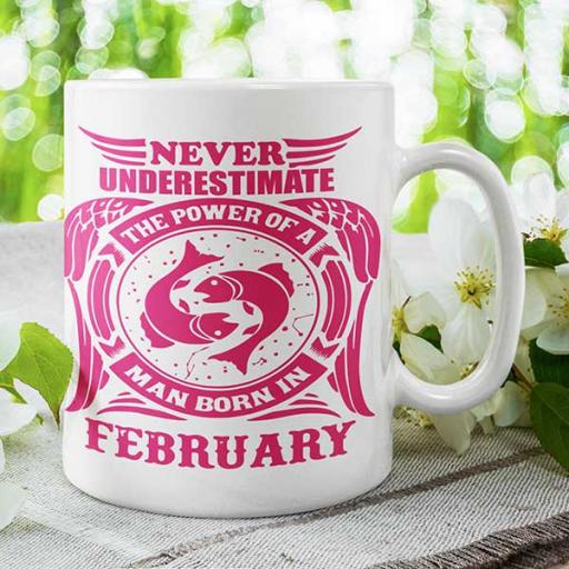 Never Underestimate the Power of a Man Born in February - Personalised Birthday Mug