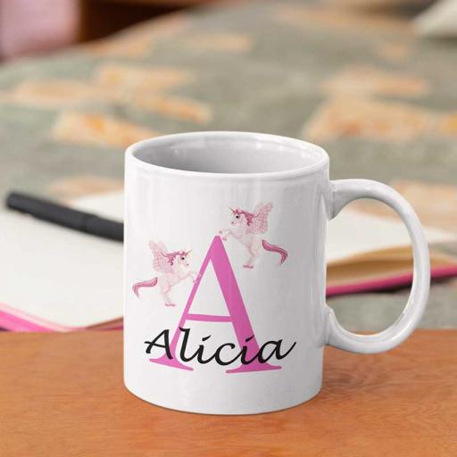 Personalised Unicorn Mug For Her- Initial A & Name