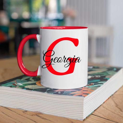Name and Initial - Personalised Red Coloured Inside and Handle Mug
