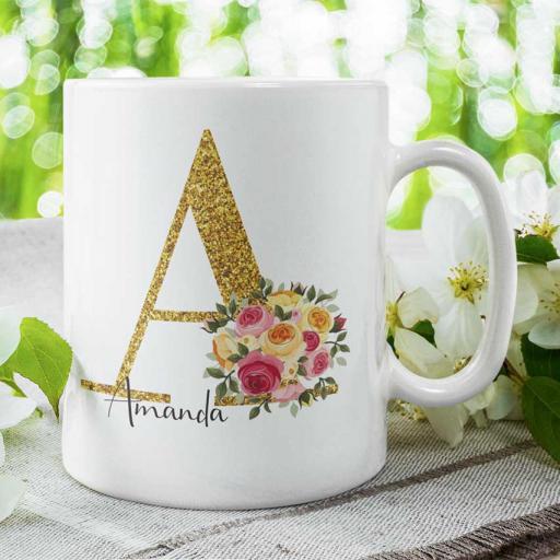 Personalised Name and Initial (with Flowers Bouquet Detail) Mug