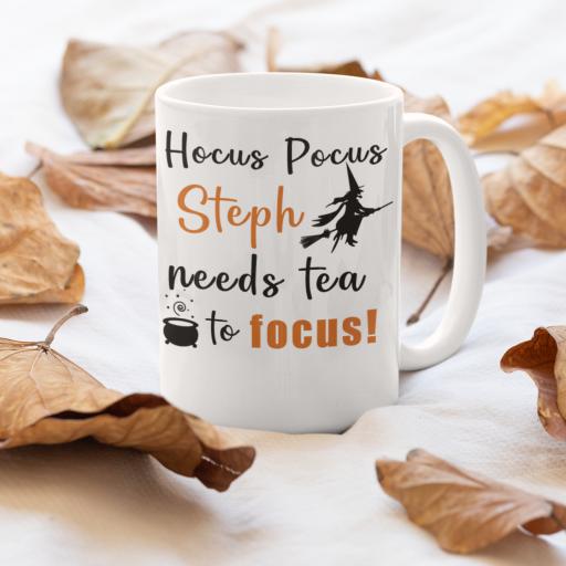 Personalised &quot;Hocus Pocus - Need Tea to Focus&quot; Halloween Mug