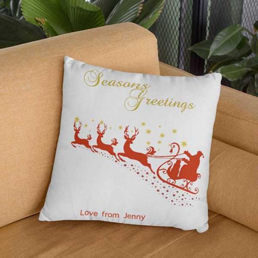 Personalised Flying Reindeer & Santa Christmas Cushion - Add Name