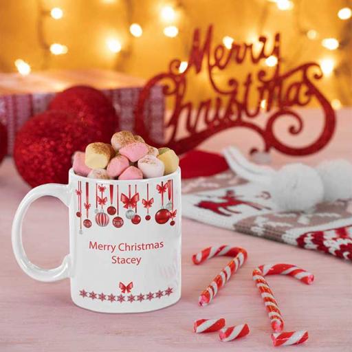 Merry Christmas with Red Baubles - Personalised Christmas Mug