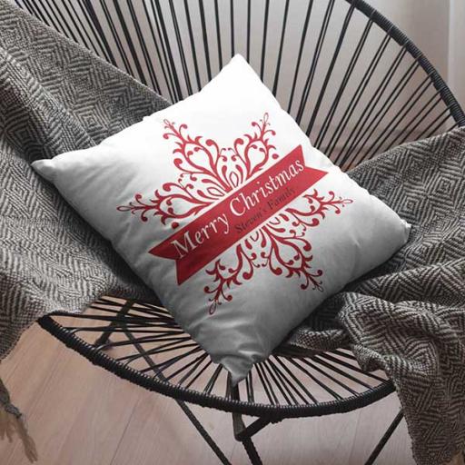 Personalised Red Snowflake Christmas Cushion - Add Name