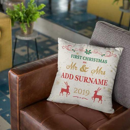 First Christmas as Mr & Mrs - Personalised Christmas Cushion - Add Surname