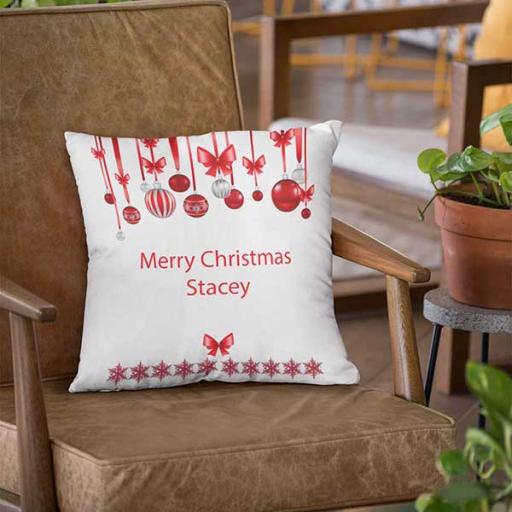 Personalised Red Baubles Christmas Cushion - Add Name