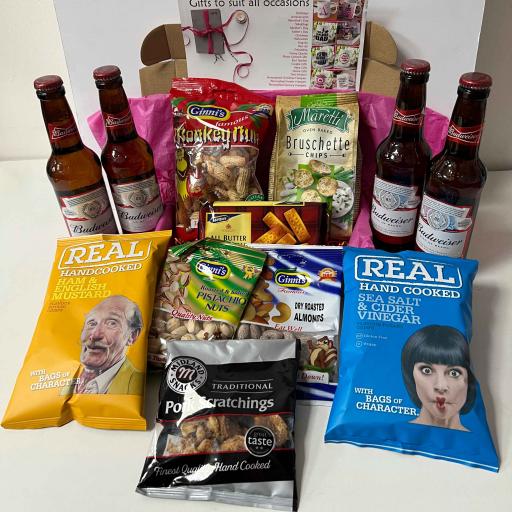 Budweiser Beer Bottles and Snacks Hamper with Personalised Message