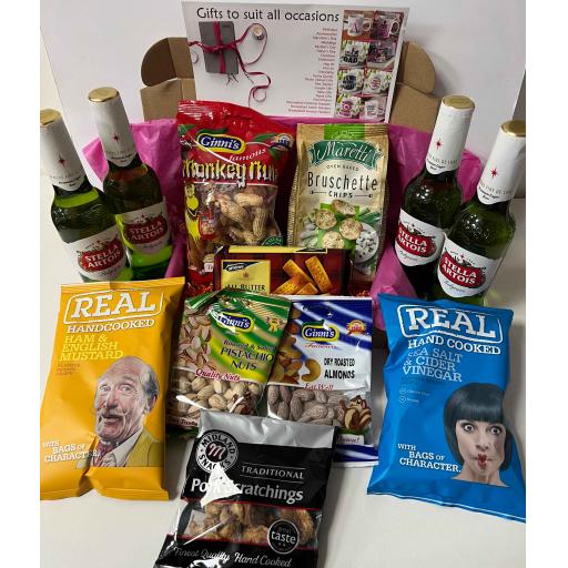 Stella Beer Bottles and Snacks Hamper with Personalised Message