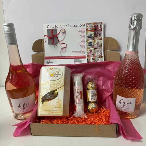 Kylie Minogue Rose Prosecco and Snacks Hamper with Personalised Card