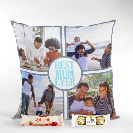Mother's Day Photo Collage Cushion &amp; Chocolates Hamper - Add Personalised Message