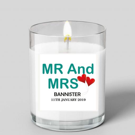 Personalised Mr &amp; Mrs Couple Glass Scented Candle with Heart Balloons