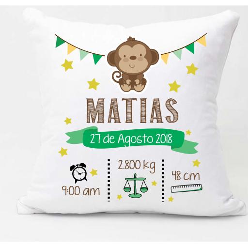 Personalised Monkey Newborn Baby Cushion - Add Name, Date, Time, Weight