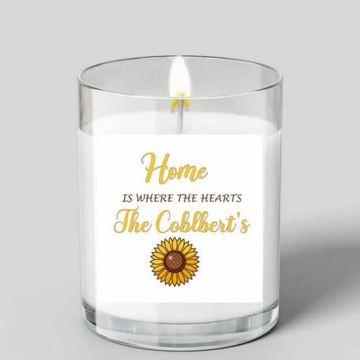 Personalised 'Home is Where the Heart is' Glass Scented Candle with a Sun Flower Detail