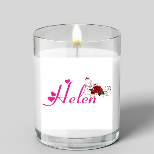 Personalised Name Glass Scented Candle with a Red Rose Detail