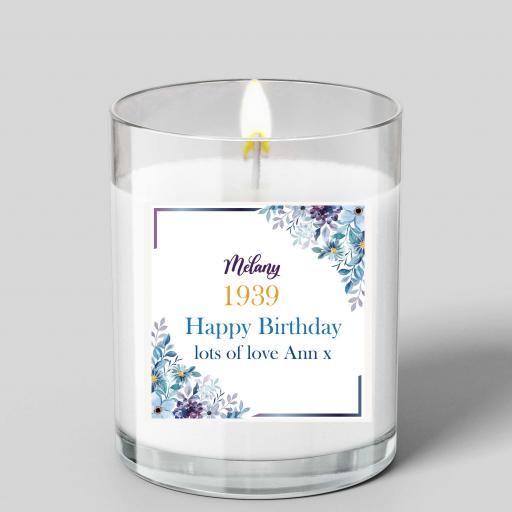 Personalised Birthday Glass Scented Candle with Flowers Design