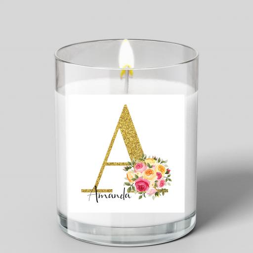 Personalised Name and Initial Glass Scented Candle with Flower Bouquet Detail