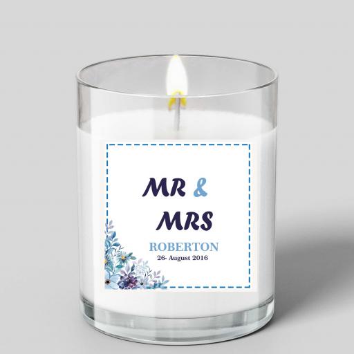 Personalised Mr &amp; Mrs Couple Glass Scented Candle with Corner Flower Garland