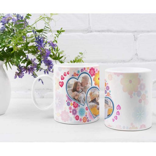 Personalised Twin Heart Photo Mug with Flowers Design