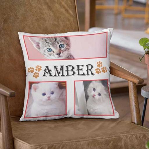 Personalised 3 Photos Collage Cushion with Paws Design