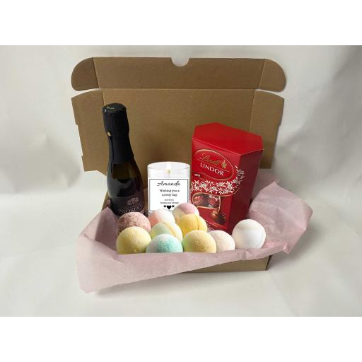 Chocolate, Bath Bombs & Prosecco Pamper Hamper with a Personalised Candle