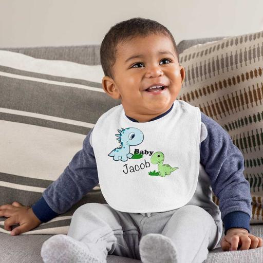 Personalised Dinos Design Baby Bib with Crumb Catcher - Add Name