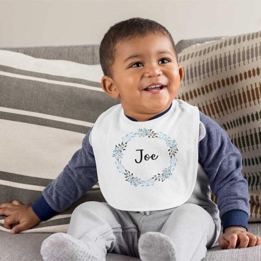 Personalised Pocket Bib with a Blue Wreath Design - Add Name