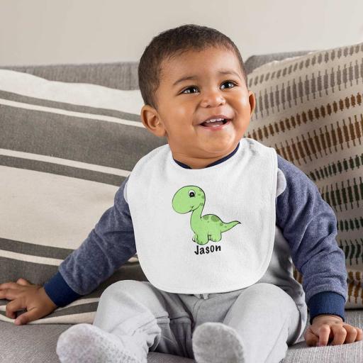 Personalised Dino Baby Bib with Crumb Catcher - Add Name