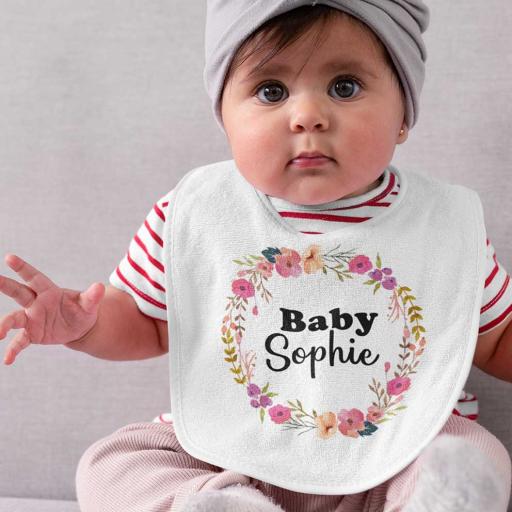 Personalised Pocket Bib with a Pink Haven Wreath Design - Add Name