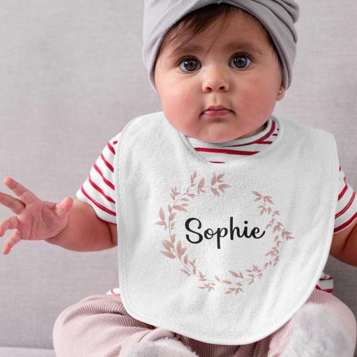 Personalised Pocket Bib with a 'Pretty in Pink' Wreath Design - Add Name
