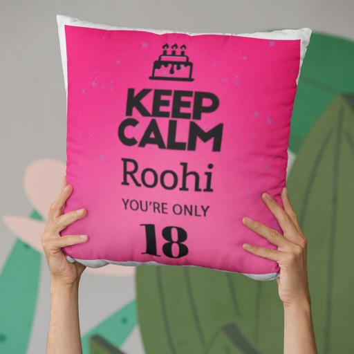 Keep Calm You're Only (AGE) - Personalised Birthday Cushion on Pink Fairy-Lights Design