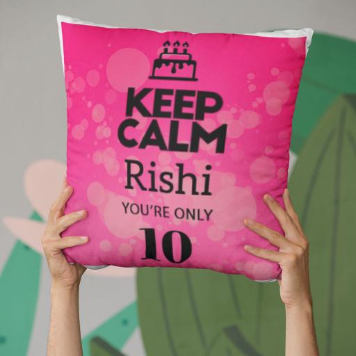 Keep Calm You are Only (AGE) - Personalised Birthday Cushion on Pink Bubbles Design