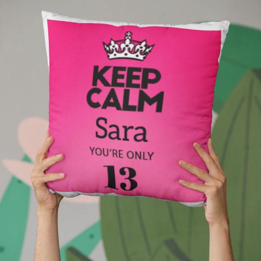 Keep Calm You are Only (AGE) - Personalised Birthday Cushion on Pink Background