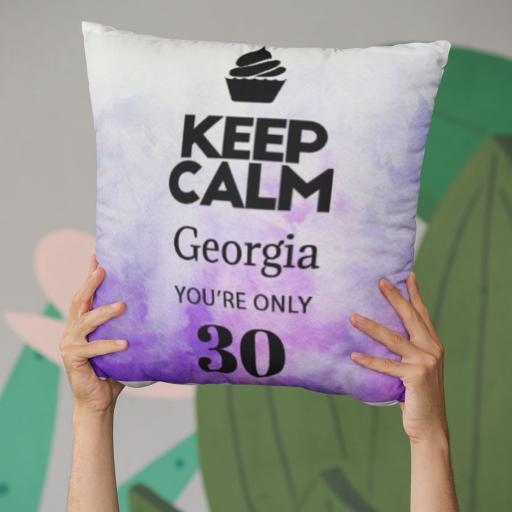 Keep Calm You're Only (AGE) - Personalised Birthday Cushion on Watercolour Purple