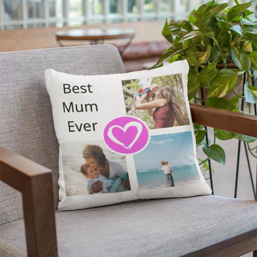 Personalised 3 Photo Cushion with Pink Heart - Add Photos & Text