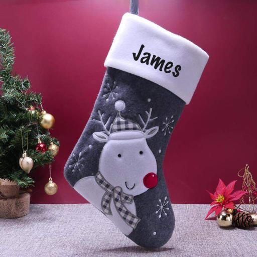 Personalised Plush Charcoal Reindeer Christmas Stocking