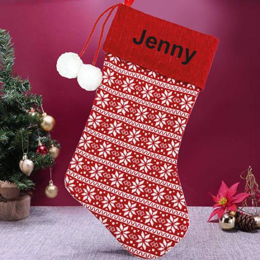 Red & White Knitted Personalised Snowflakes Christmas Stocking