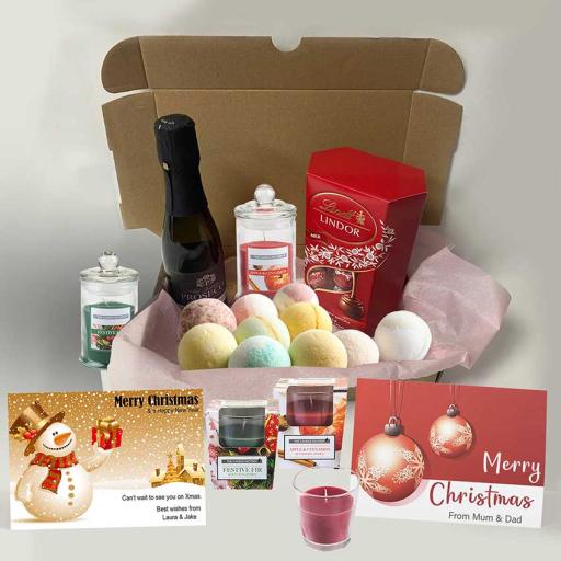 Chocolates, Bath Bombs, Candle &amp; Prosecco x Pamper Hamper with a Personalised Christmas Card